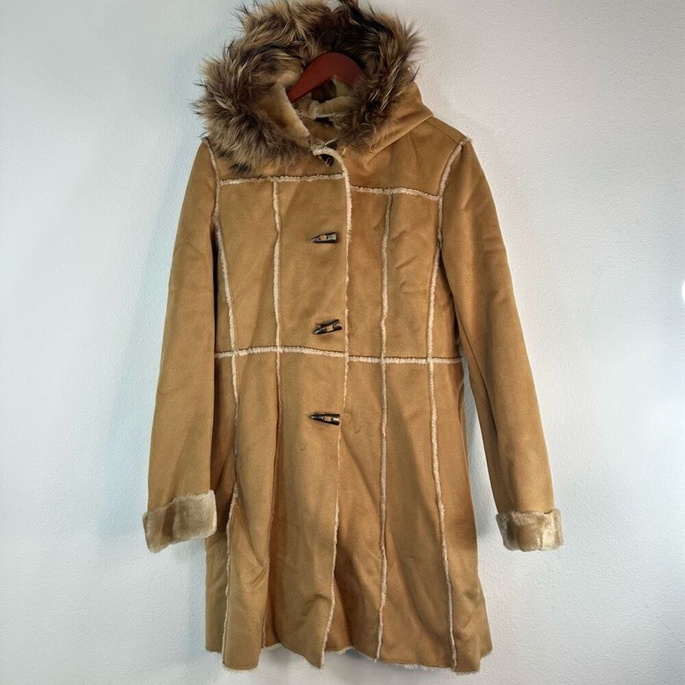 Vintage Y2K Marc New York Tan Faux‎ Suede Jacket Womens Medium Raccoon Fur Trim